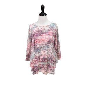 One World Women's L Large Top Chiffon Overlay Rhinestones Poncho Sleeves Layered